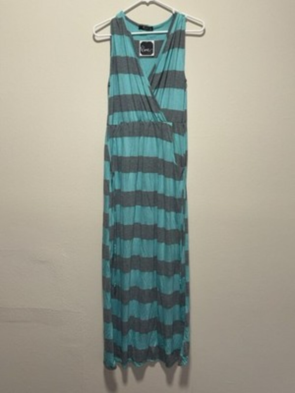 Line XL Sleeveless Strappy Surplice Striped Maxi Dress Blue Gray Pockets